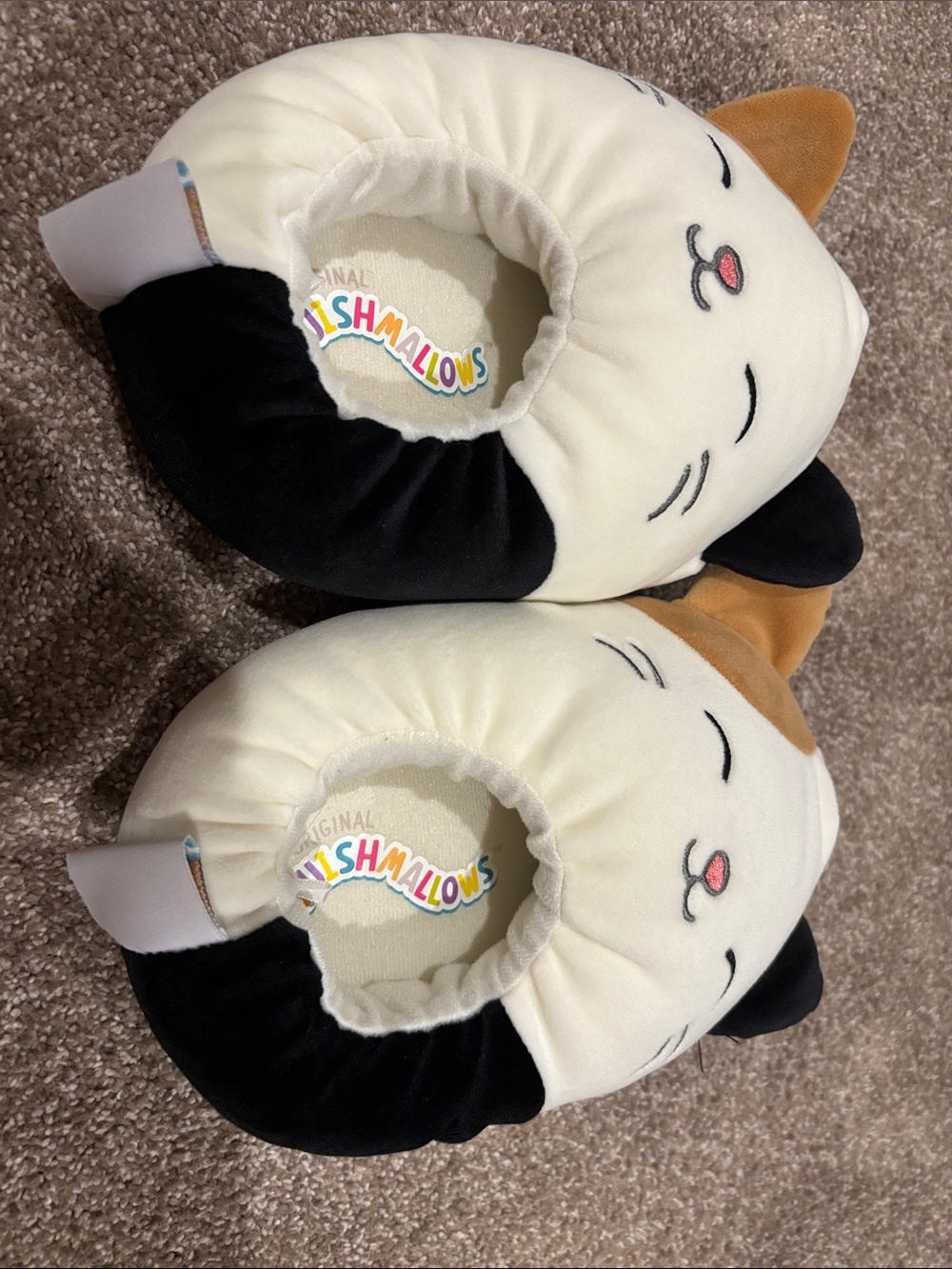 Plush Cat Slippers in Cream, Black & Brown. Squishmallows brand. Girls 13/1